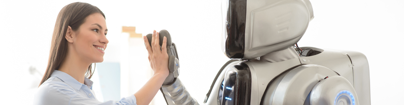 Baker's Gas Woman and robot touching hands