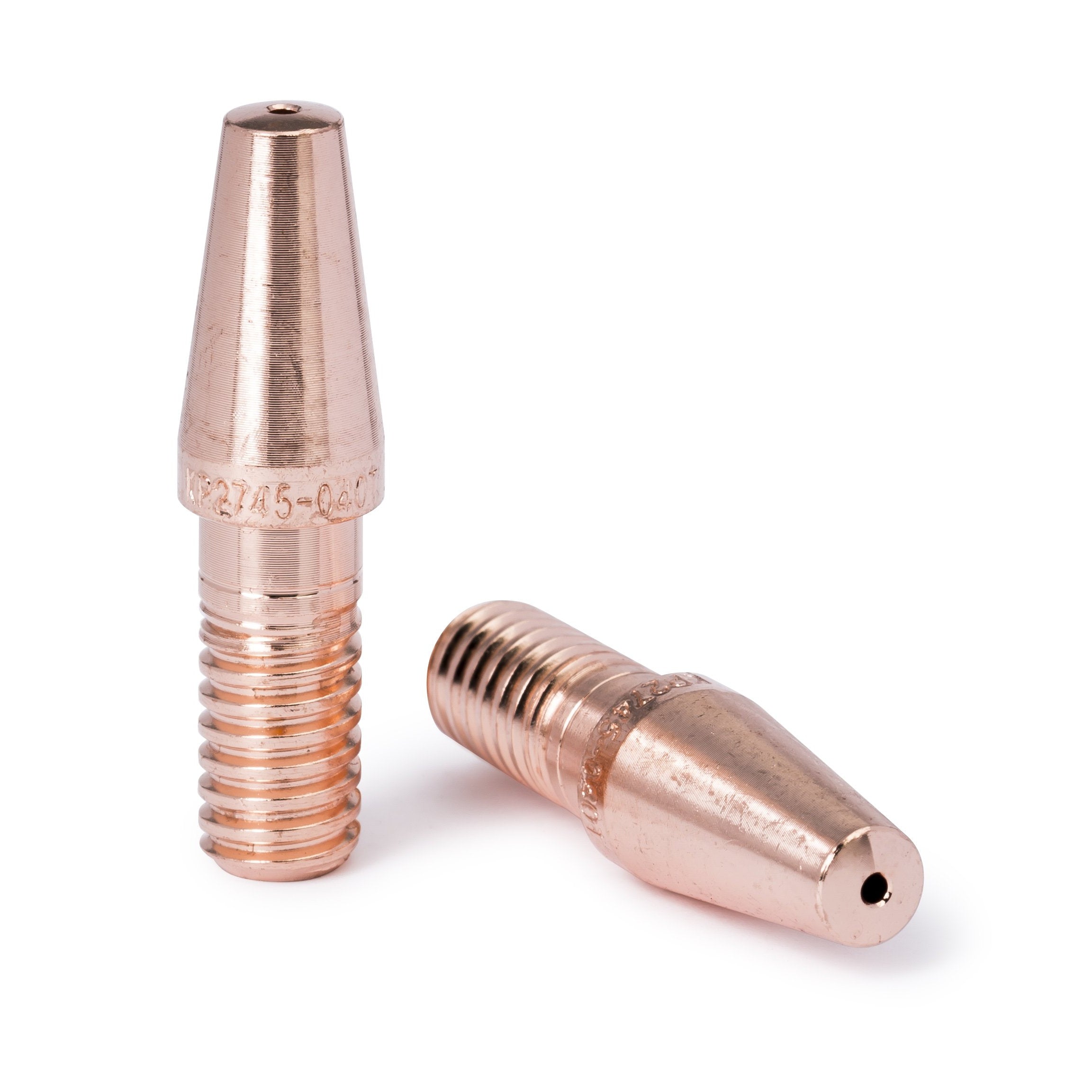 Two Lincoln Copper Plus Contact Tip - 550A, Aluminum, Tapered, 10/pack KP2745 welding contact tips shown on white background