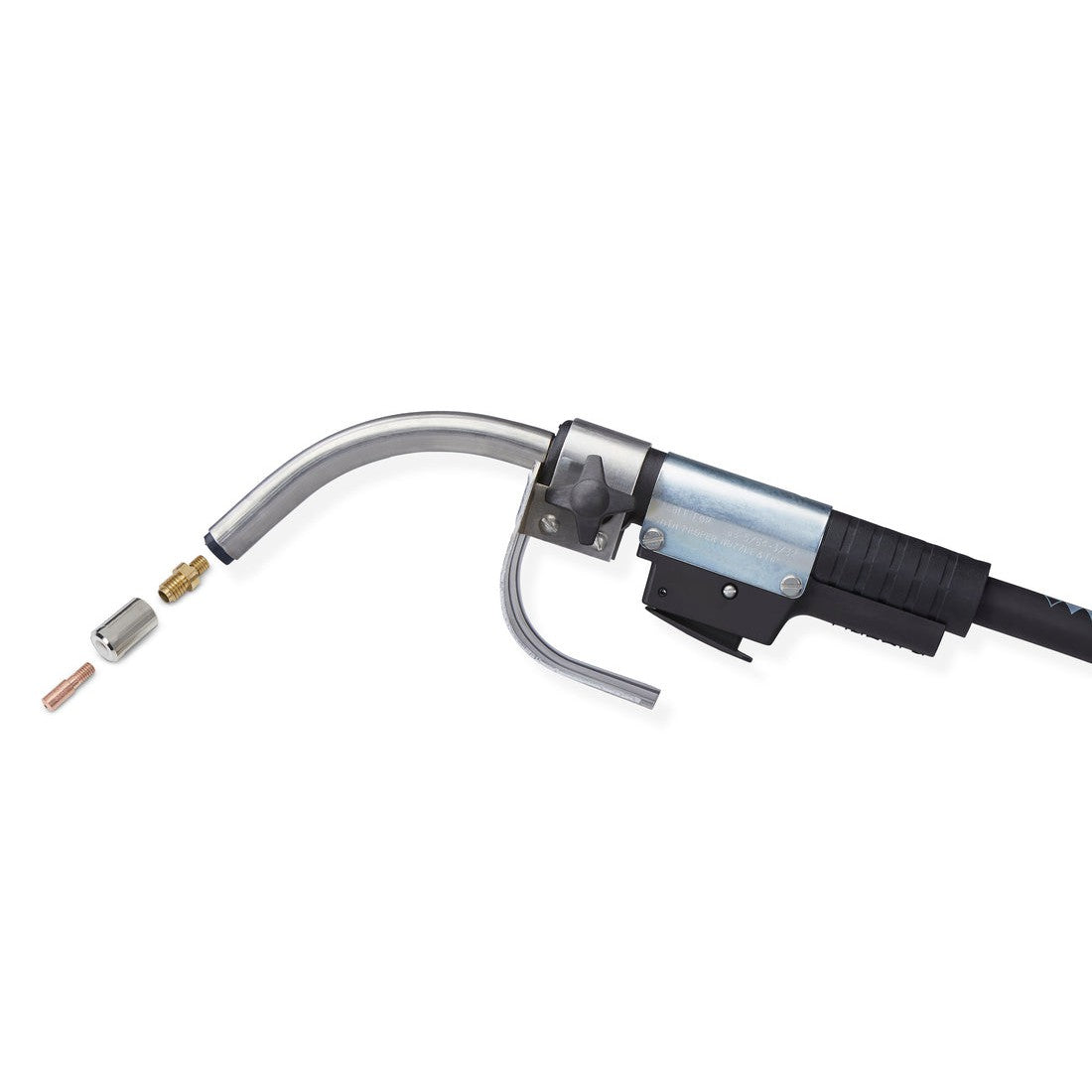 Lincoln PRO 350A FCAW-SS Gun with curved nozzle and detachable contact tip and retaining components on white background
