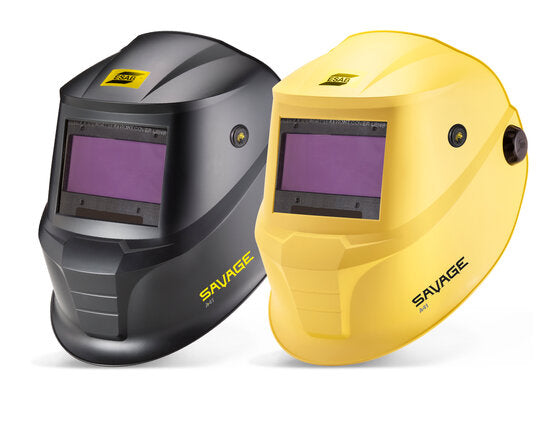 ESAB Savage A41 Welding Helmet in black and yellow with auto-darkening viewing window and ergonomic design