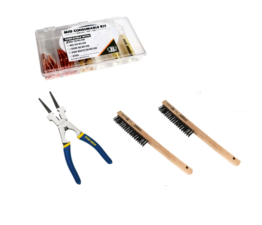 Miller Multimatic 220 Starter Bundle - 1299-220START with consumable kit, long-nose pliers, and two wire brushes on white background