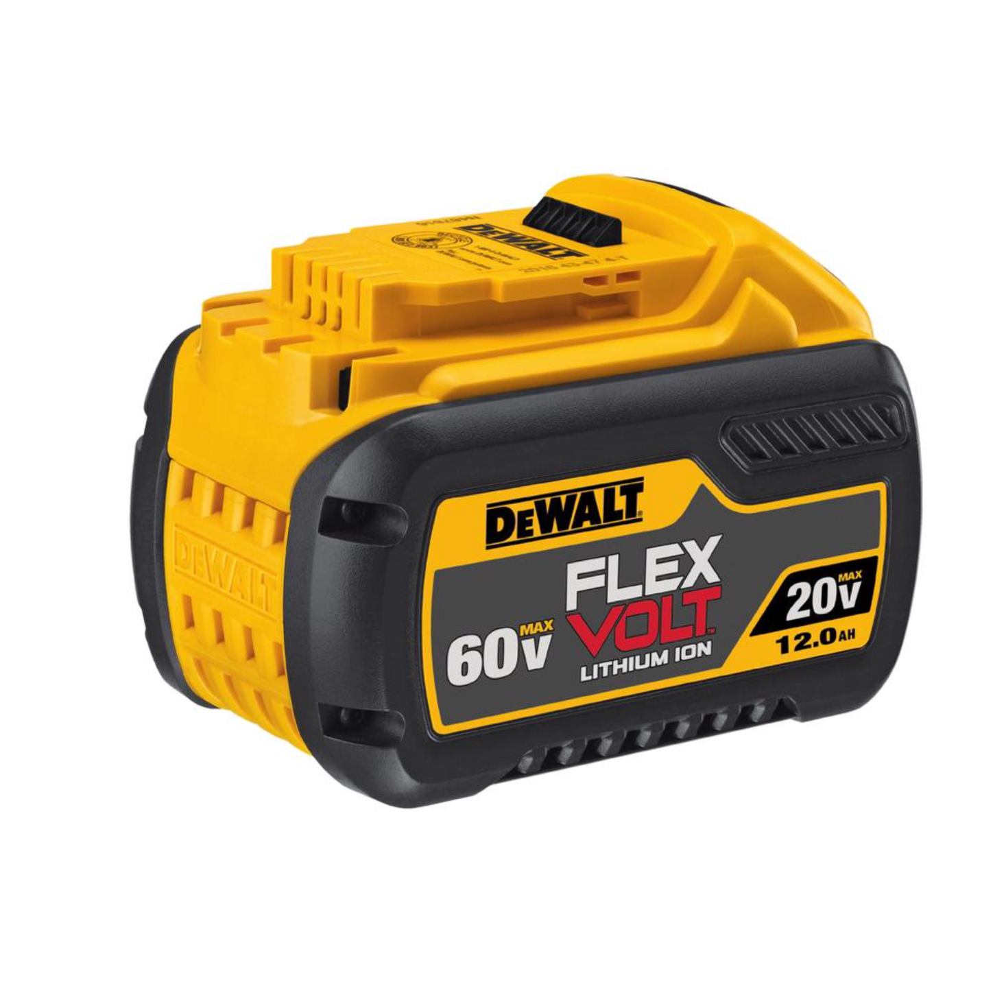 DeWalt 20V-60V MAX Flexvolt DCB612 12 Ah Lithium-Ion High Capacity Battery Pack - DCB612 yellow and black design.