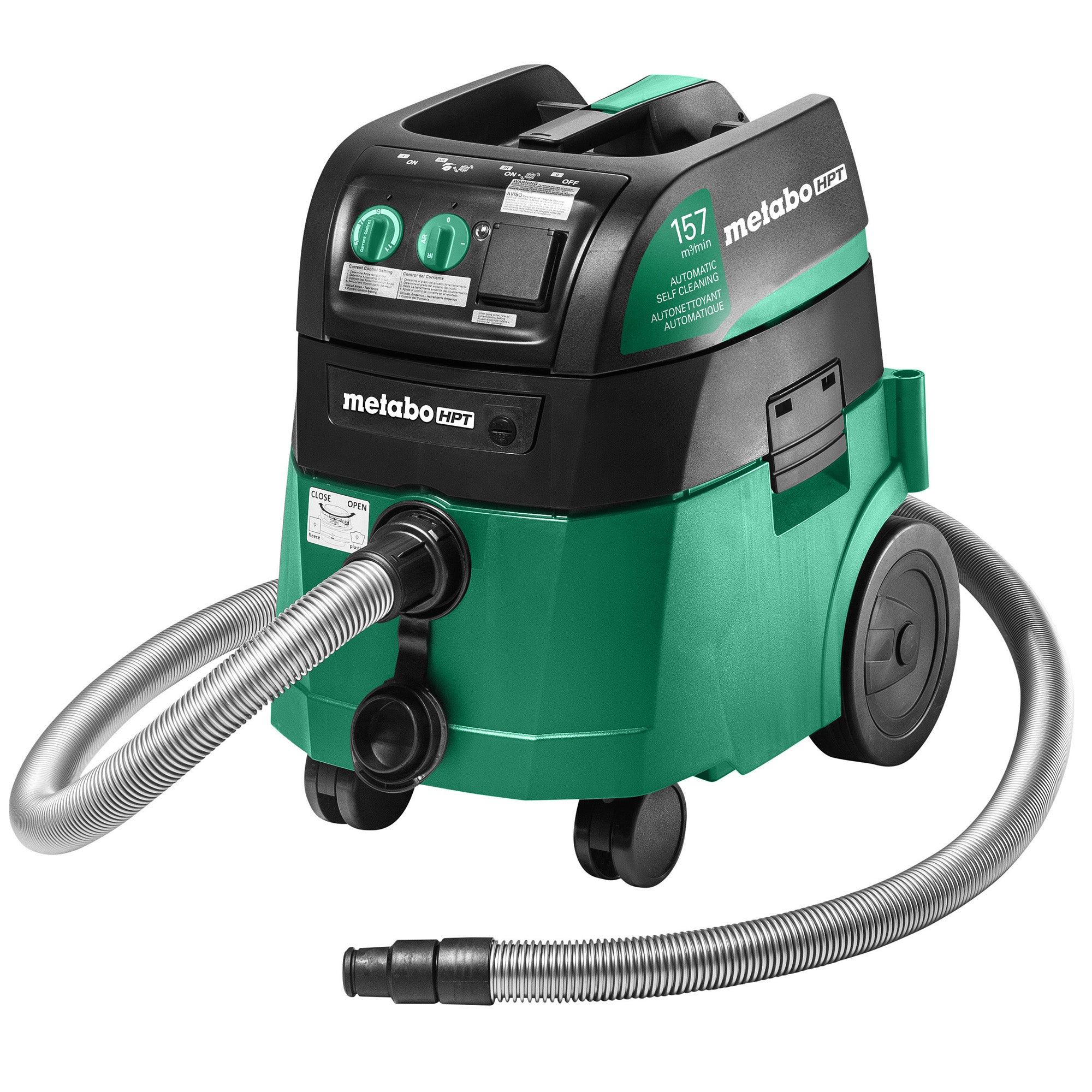 Metabo HPT AutoCleanPlus HEPA All Purpose Vacuum ASR 35 - 646057800 with green body and attached flexible hose.