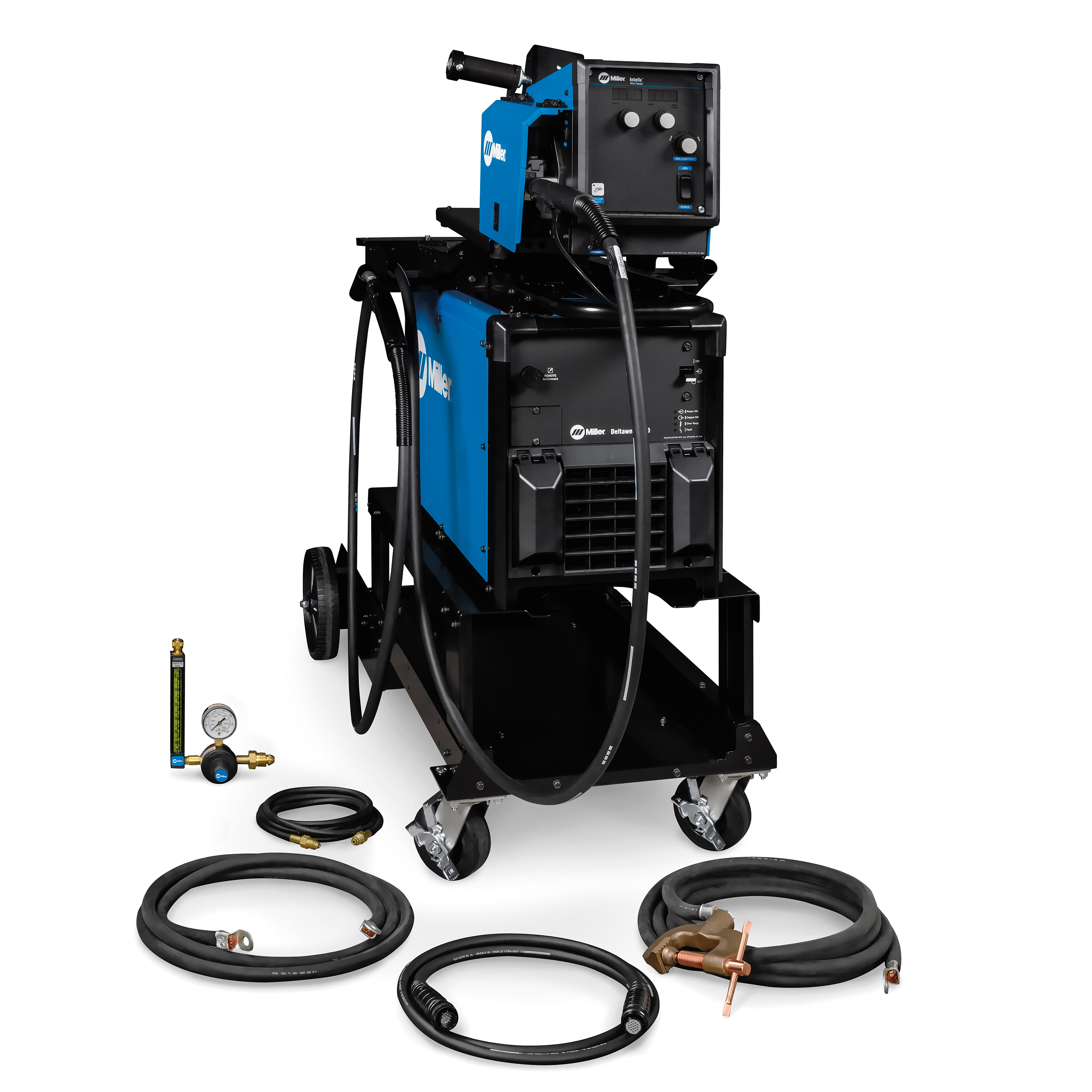 Miller Deltaweld® 500 230/460V MIGRunner™ with Intellx Feeder - 951000147 on cart with cables and accessories on white background