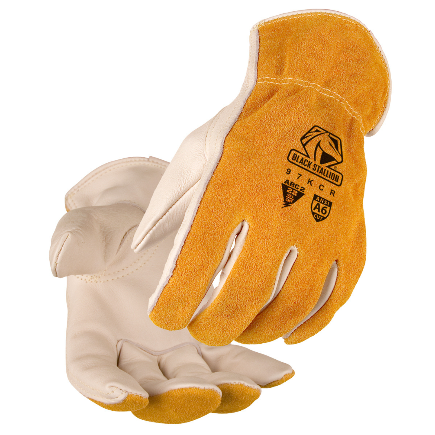 Black Stallion ARC-Rated & A6 Cut-Resistant Cowhide Drivers Glove - 97KCR showing tan leather palm and orange suede back with logo