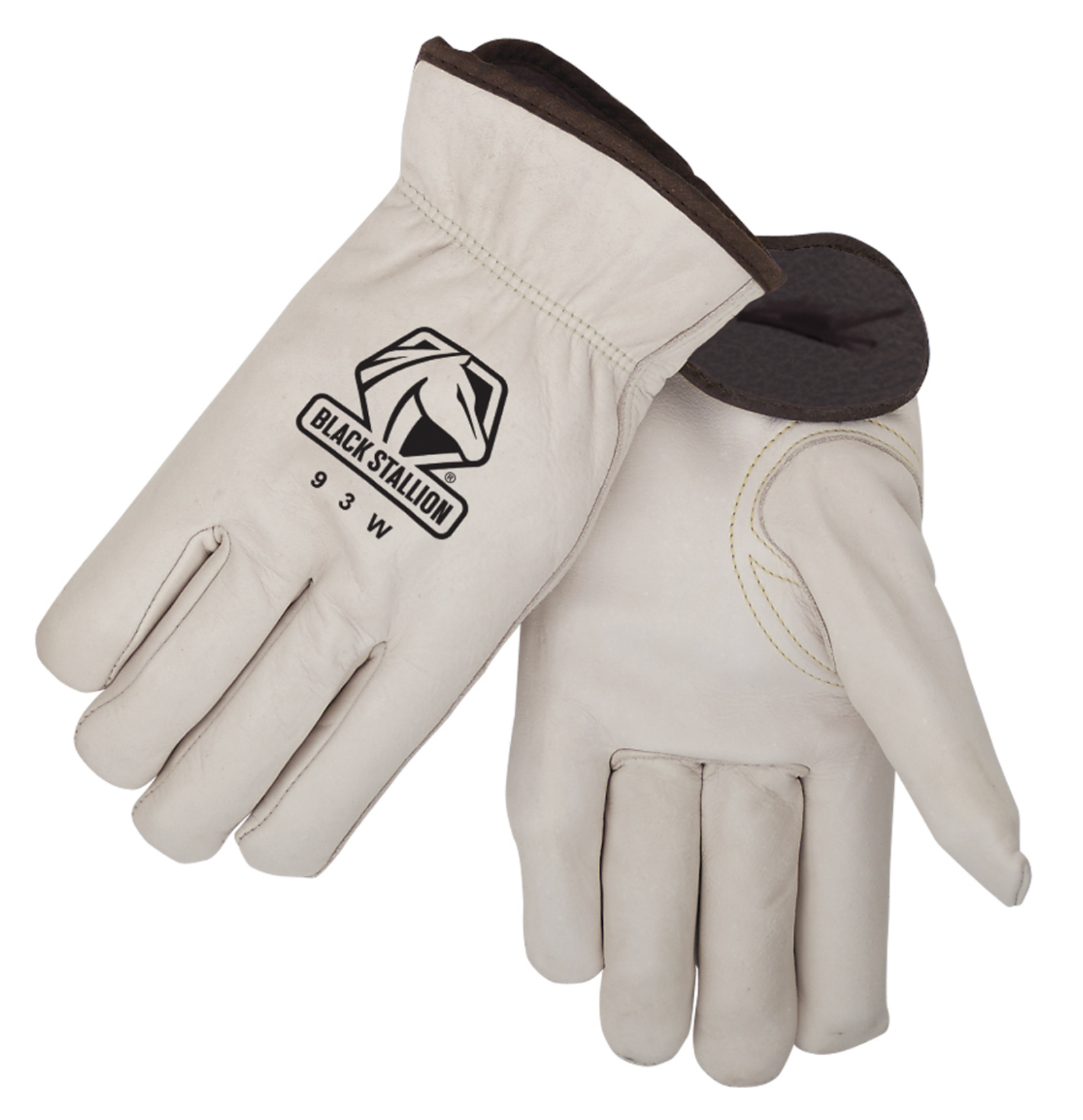 Pair of Black Stallion Fleece Insulated Cowhide Winter Drivers Glove - 93W with logo on back and fleece lining visible