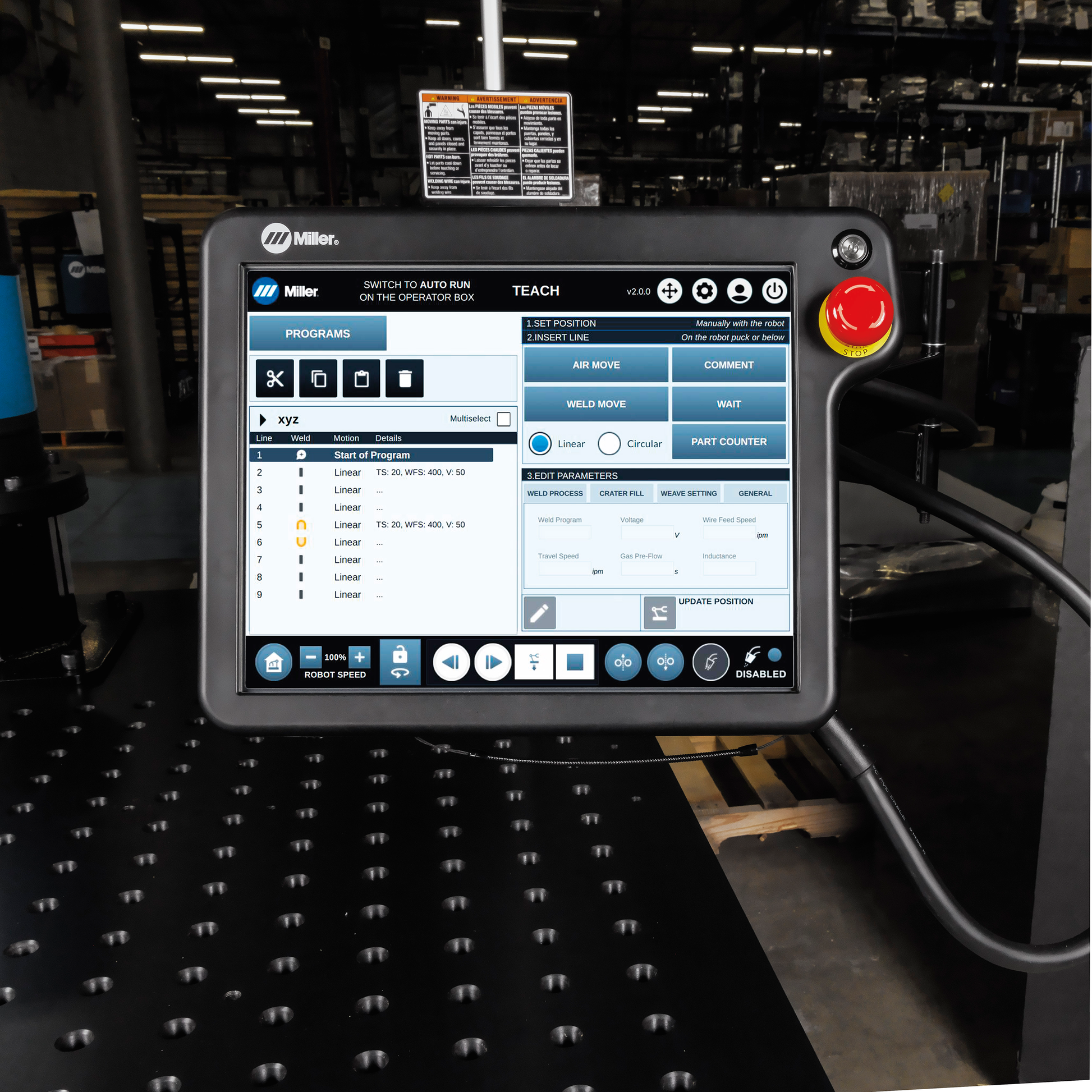 Baker's Gas Miller Copilot  screen for robotic welding
