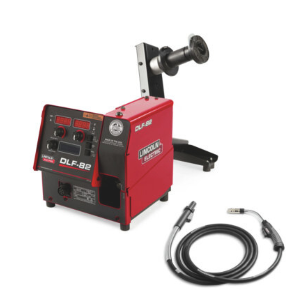 Lincoln DLF-82 Bench Model (w/ Gun) - K5282-3 wire feeder with control panel, spool holder, and coiled welding gun cable