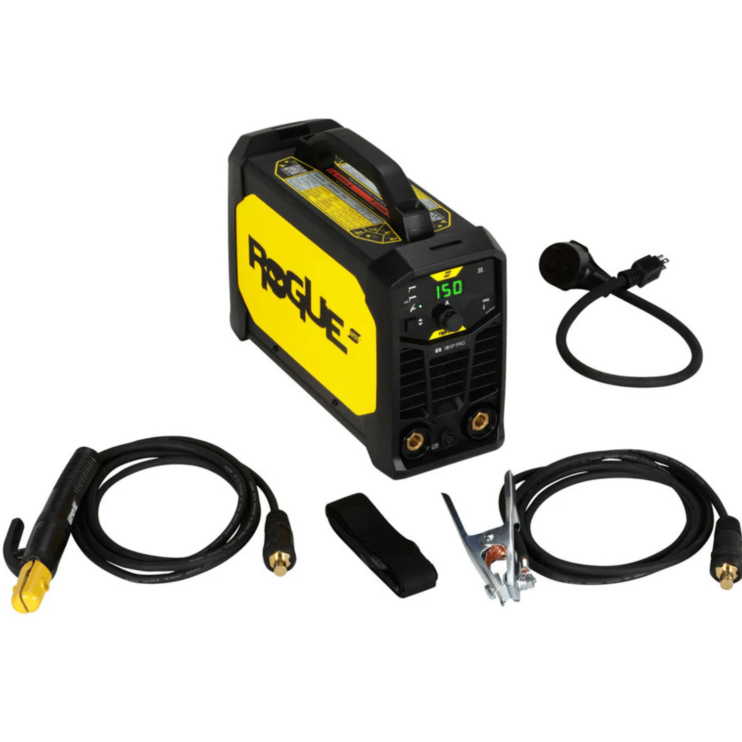 ESAB Rogue ES 151iP Pro Stick Welder - 0705002021 with cables, clamp, and power cord on white background