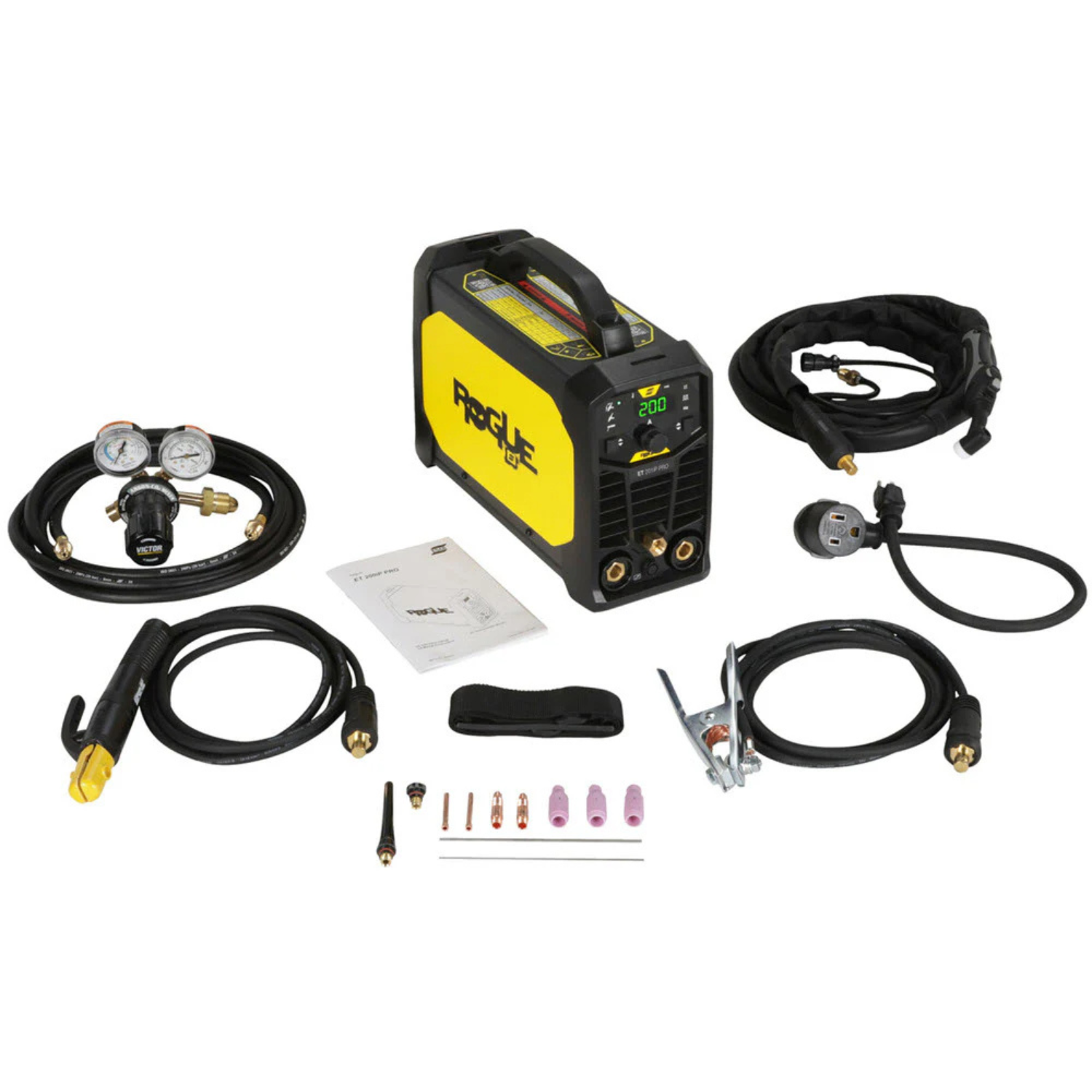 ESAB Rogue ET 201iP Pro TIG/Stick Welder - 0705002023 with cables, regulator, torch, clamps, and accessories set on white background