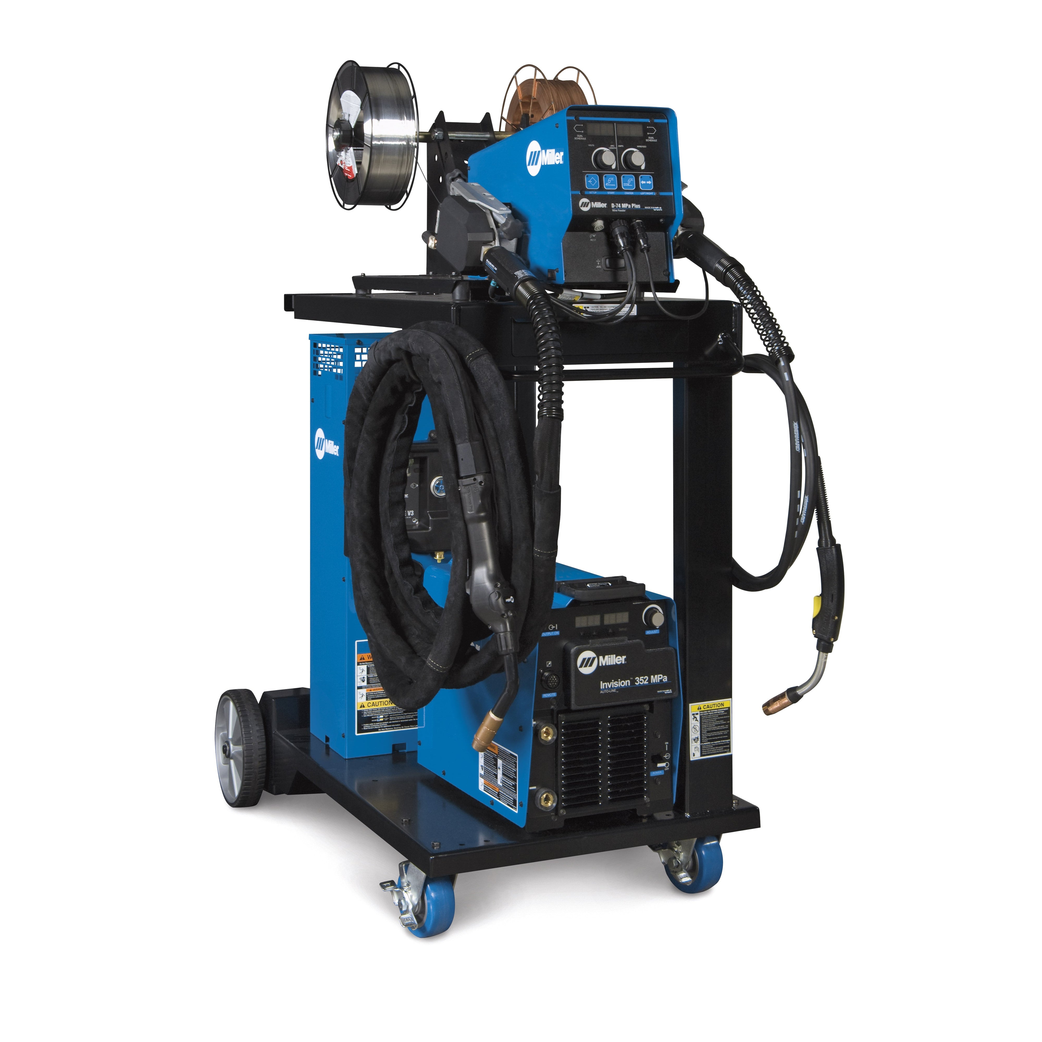 Miller Invision 352 MPa MIG Runner Aluminum Pkg w D-74 Feeder - 951844 with blue welding machine and spool holder on cart