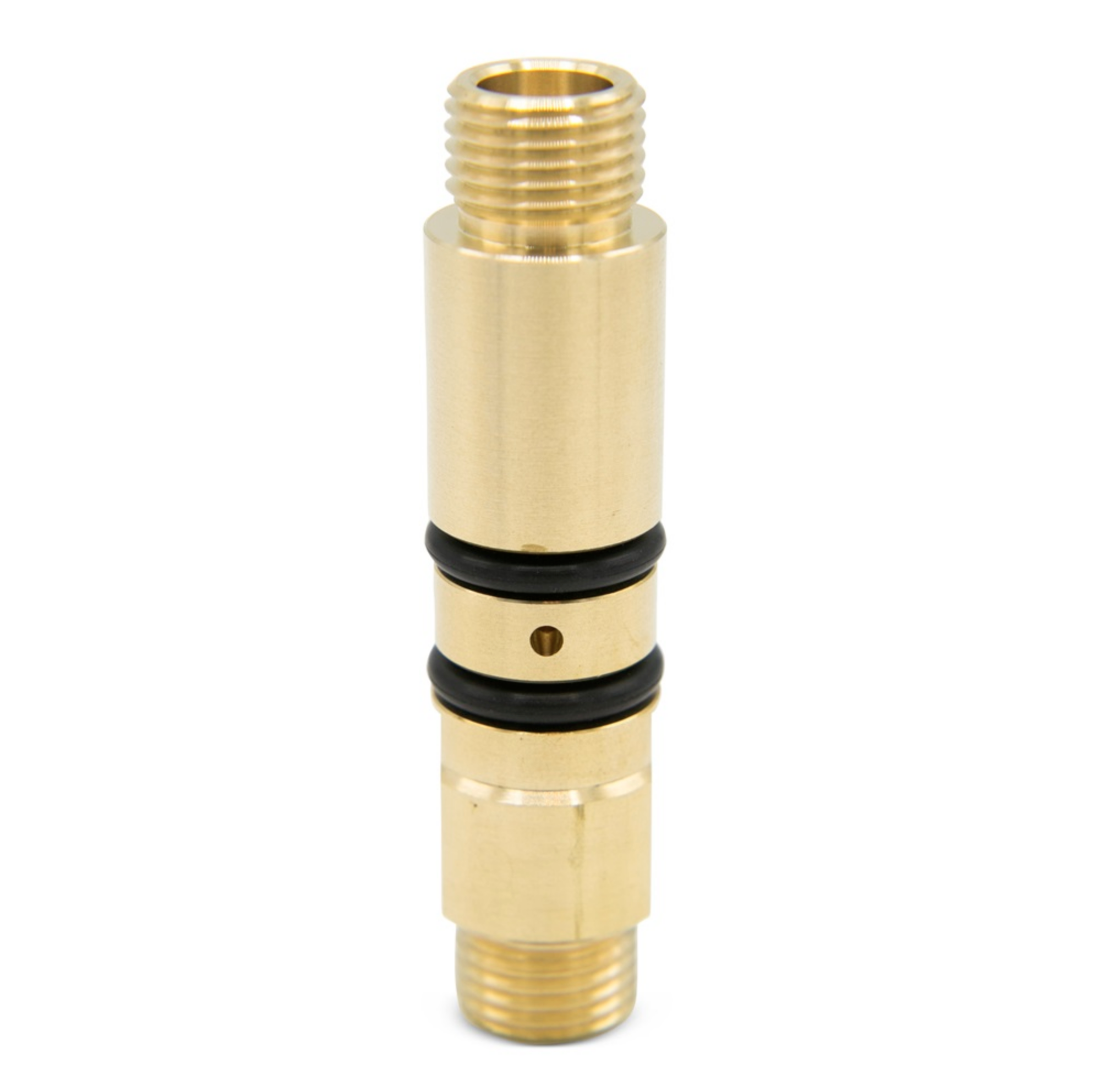 Brass cylindrical component with threaded ends and two black rubber O-rings for Miller MDX Power Pin Assembly - 2200169