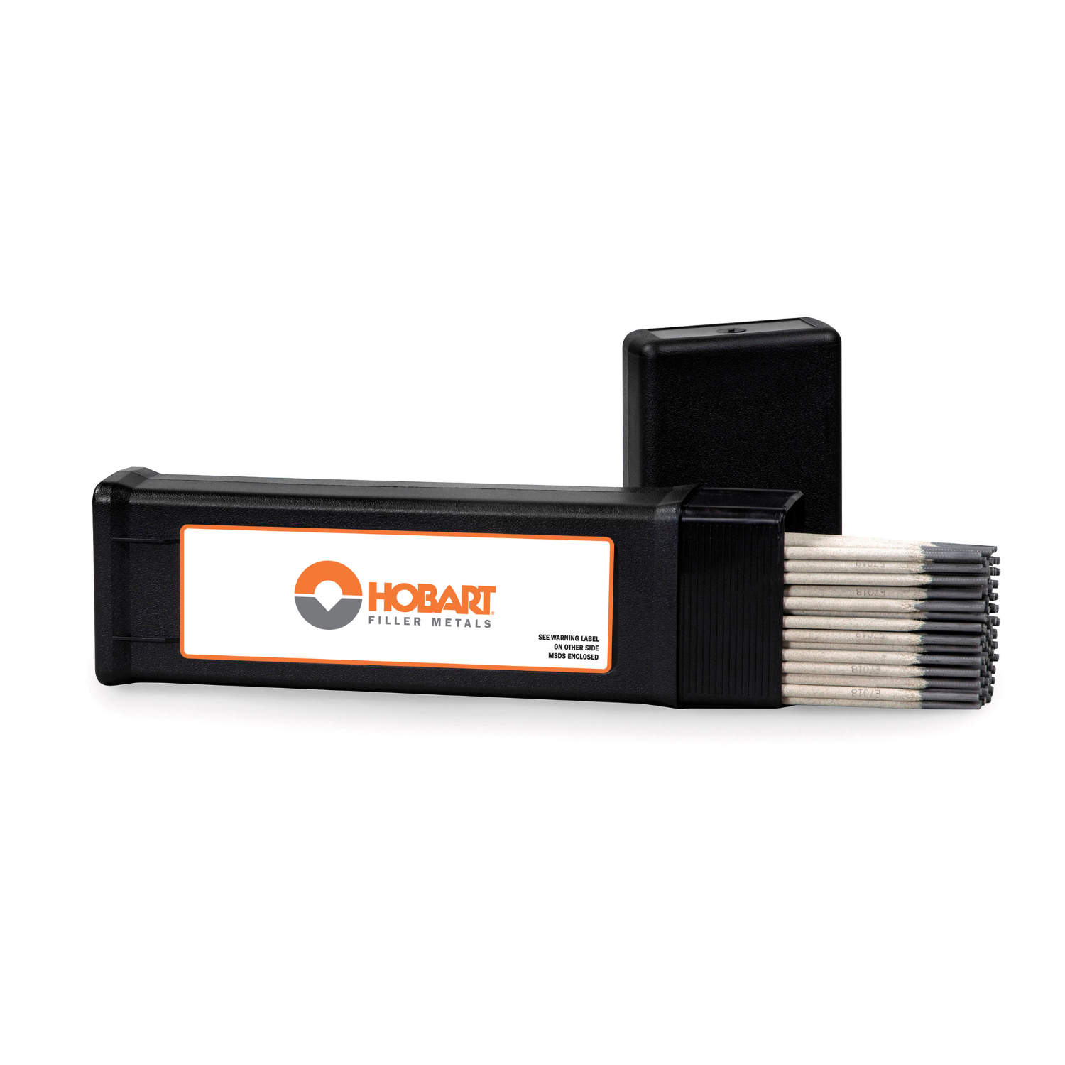 Hobart 418 E7018 1/8" 5 lb Plastic Pak - S119944-045 with welding rods partially inside a black storage container
