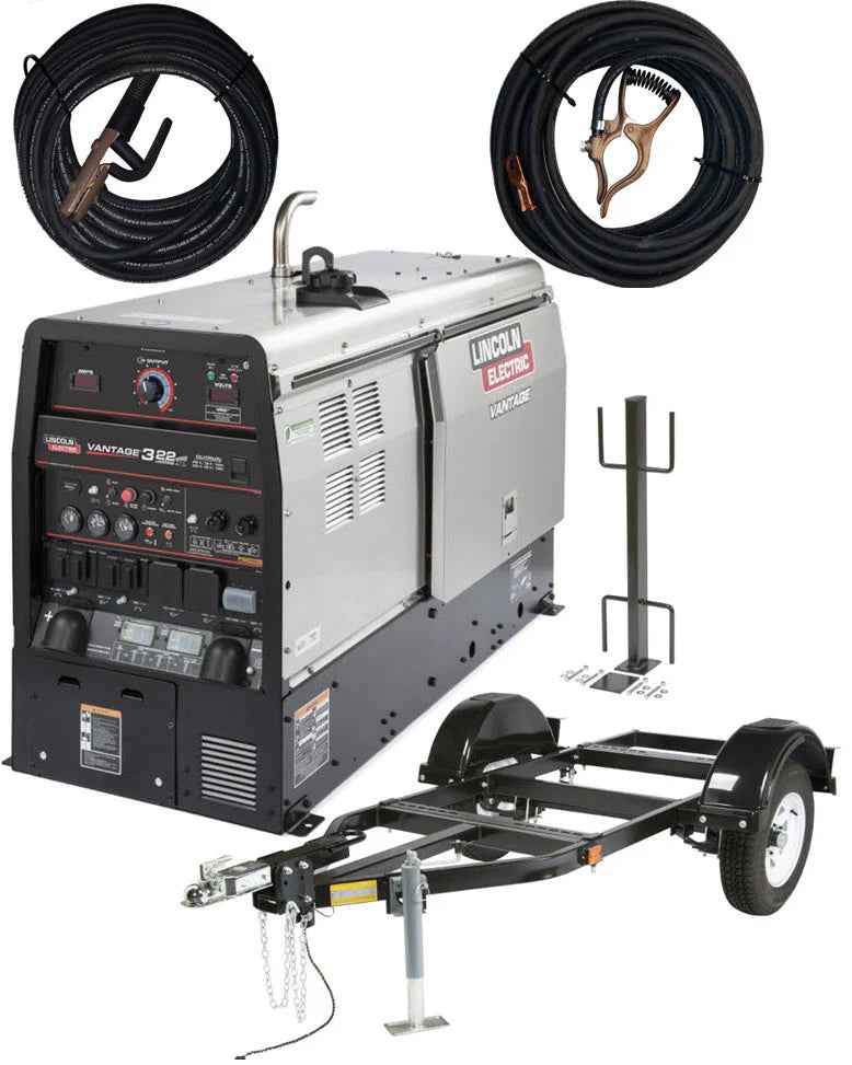 Lincoln Vantage 322 (Kubota) Ready-Pak 1 - K2409-5-RP1 welding machine with cables, trailer, and accessory stand in silver and black design
