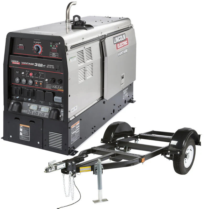 Lincoln Vantage 322 (Kubota) Ready-Pak 2 - K2409-5-RP2 generator welder with black trailer frame and single axle wheels