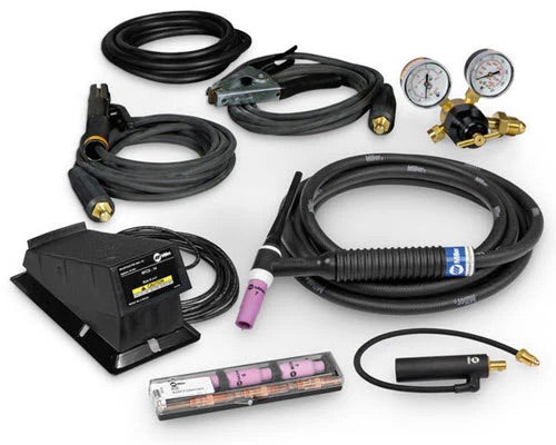 Miller 200 Amp TIG/Stick Contractor Kit with RFCS-14HD - 301549 including cables, torch, regulator, and accessories arranged on white background