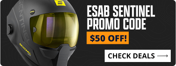 Esab Sentinel helmet with promotional text for a $25 off deal.