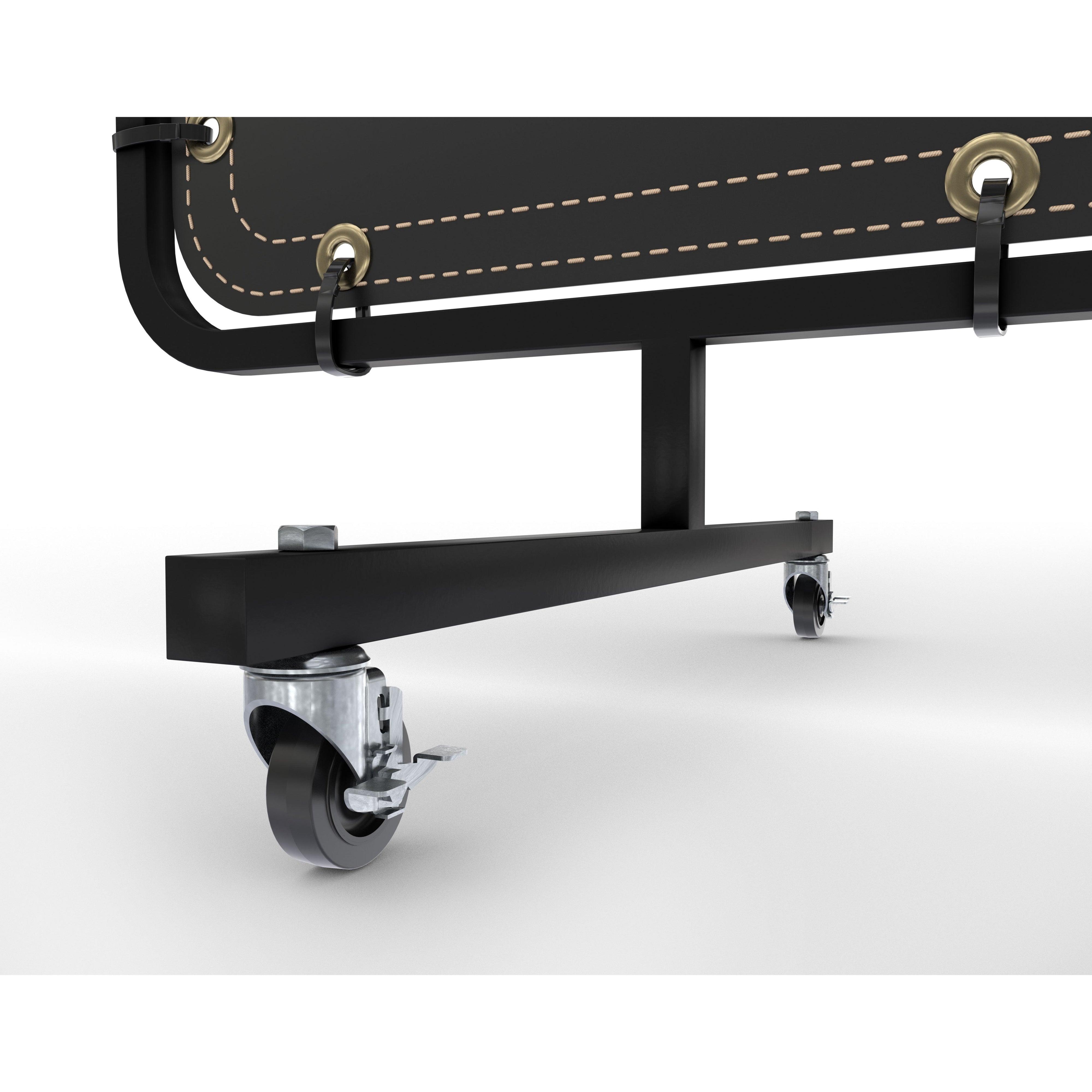 Baker's Gas Two caster wheels are attached to the base of the Lincoln welding screen frame.
