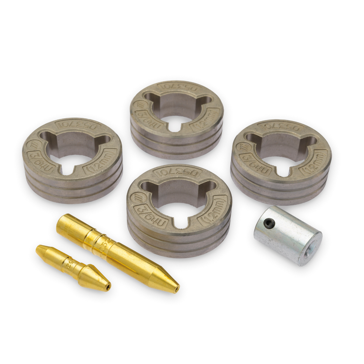 Miller Drive Roll Kit .023 V-GR 4 Roll - 087132 showing four metal rolls and three brass and steel components on white background
