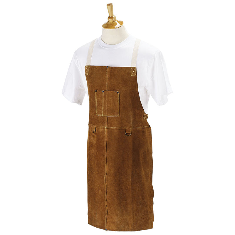 Baker's Gas Black Stallion brown cowhide welding apron on display over a white t-shirt.
