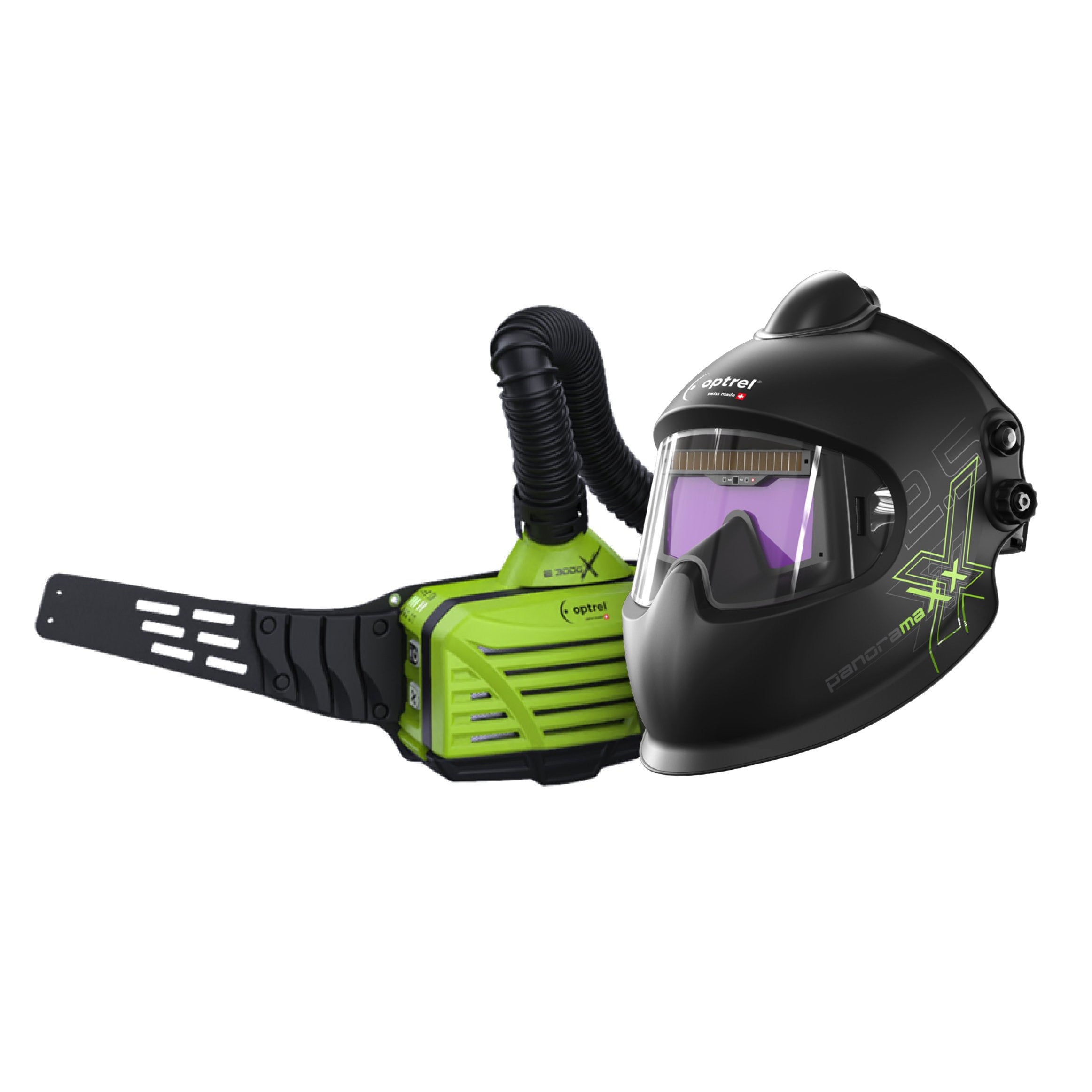 Optrel Panoramaxx PAPR with e3000X System - 4550.551 black welding helmet with green powered air purifying respirator unit
