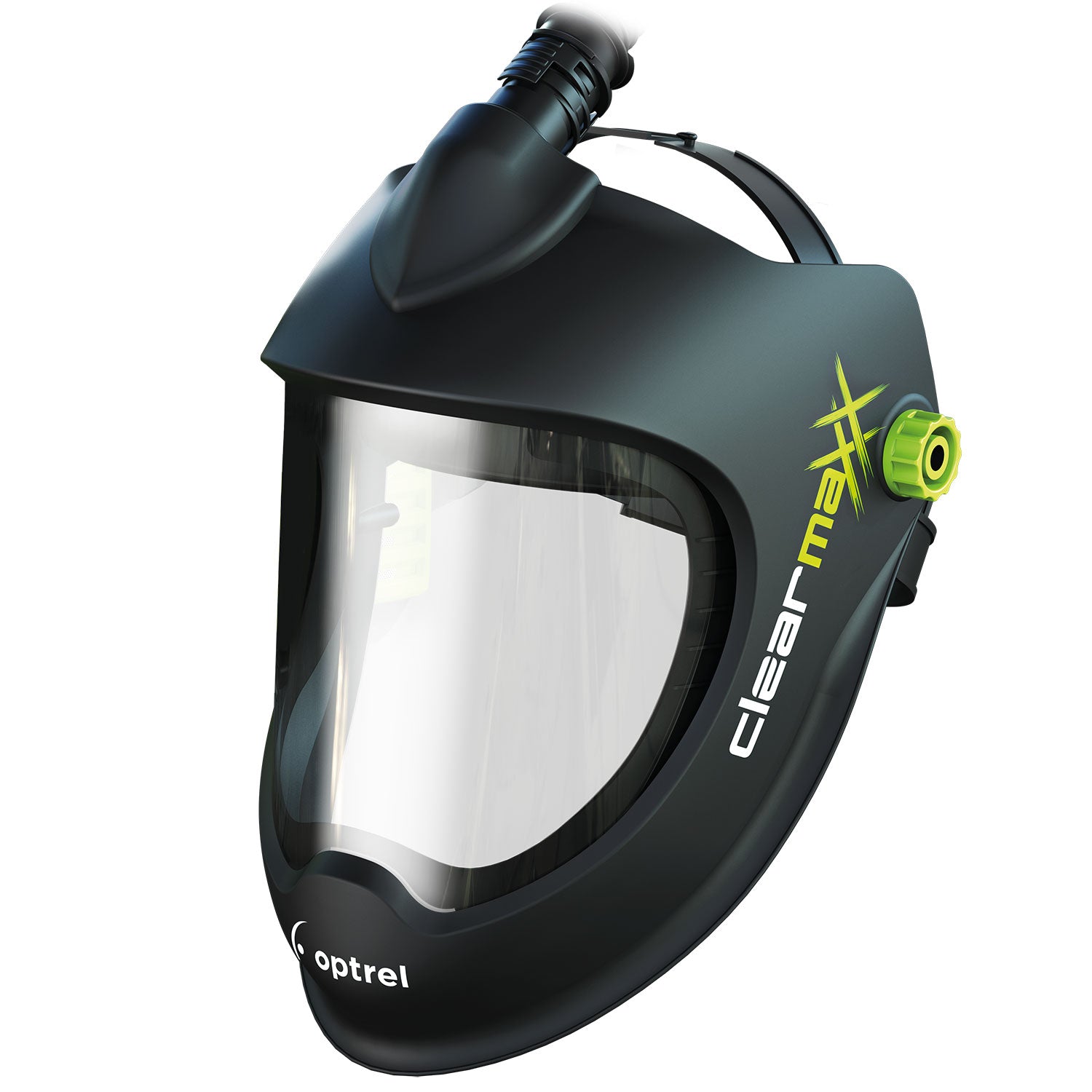 Optrel Clearmaxx Face Shield for e3000X PAPR - 4900.020 black protective shield with clear visor and green adjustment knob