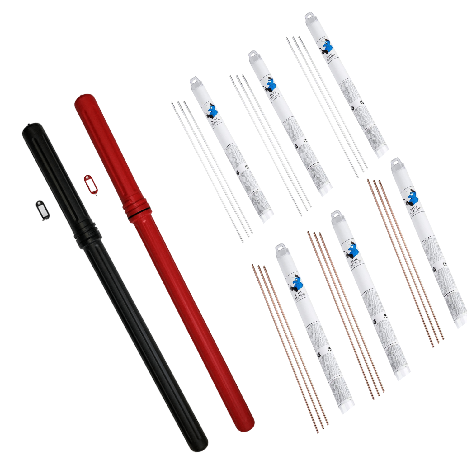AC/DC Tig Rod Bundle with black and red rod holders and multiple welding rods in packaging.