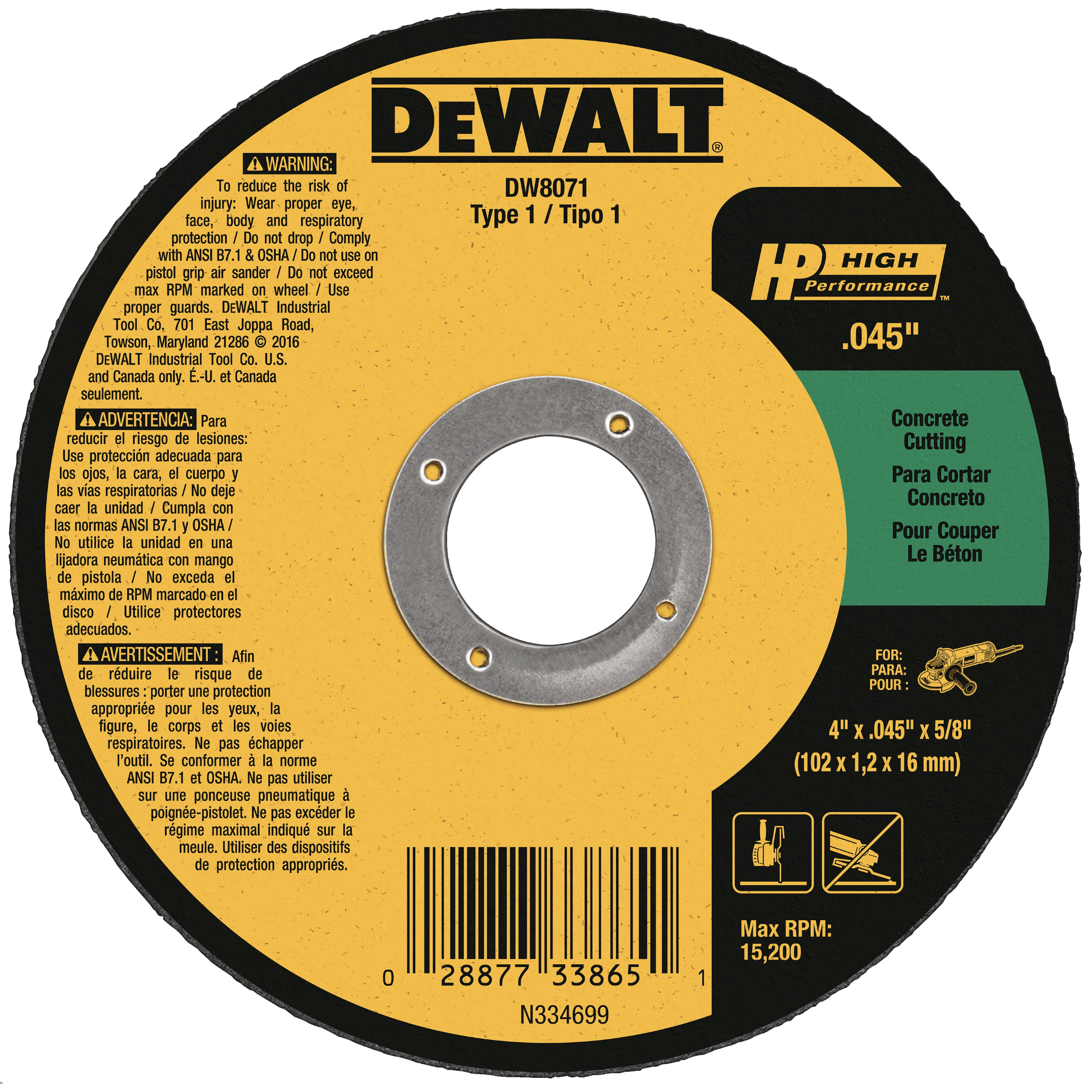 Dewalt Concrete cut-off wheel Type 1 4-1/2"x.045"x7/8" 25/box - DW8072