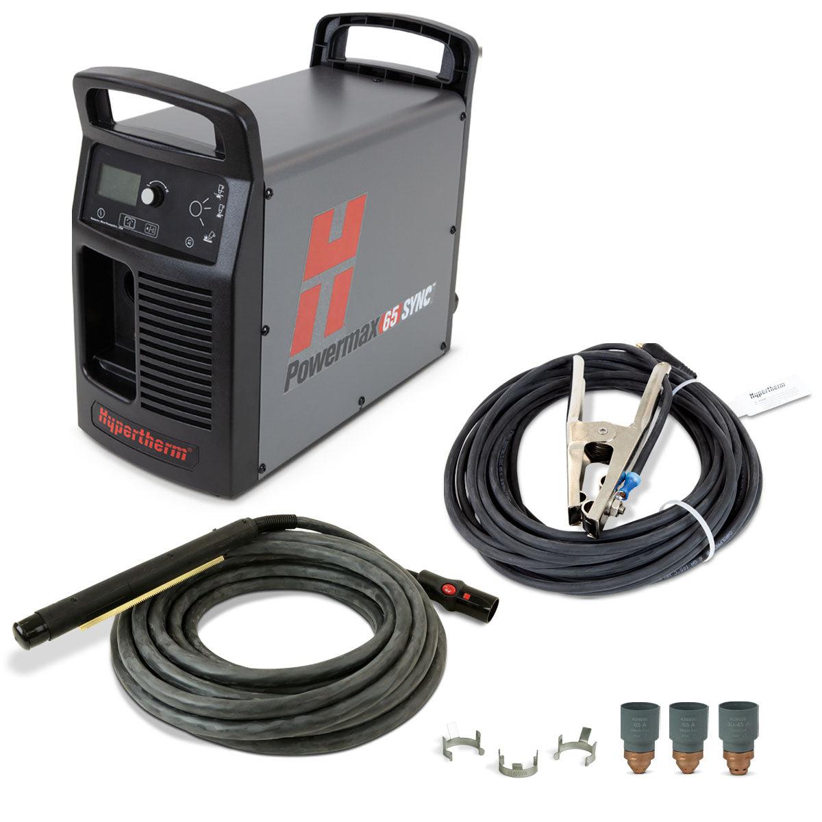 Hypertherm Powermax 65 SYNC w/ CPC port, 50' Machine Torch showing unit, cables, clamp, and consumables