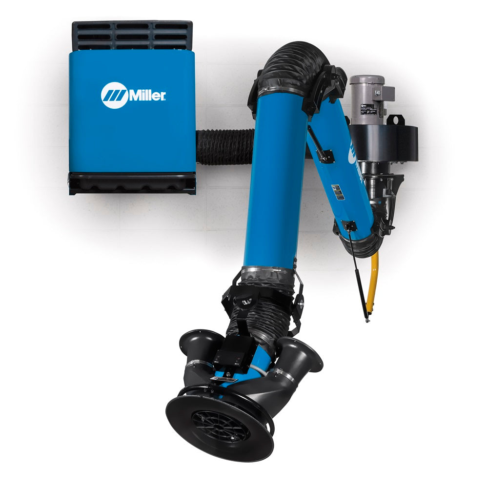 Miller Filtair SWX-S (Self Cleaning) Single-Arm Package, 10' Arm - 951760 with blue extraction arm and motor unit mounted on wall