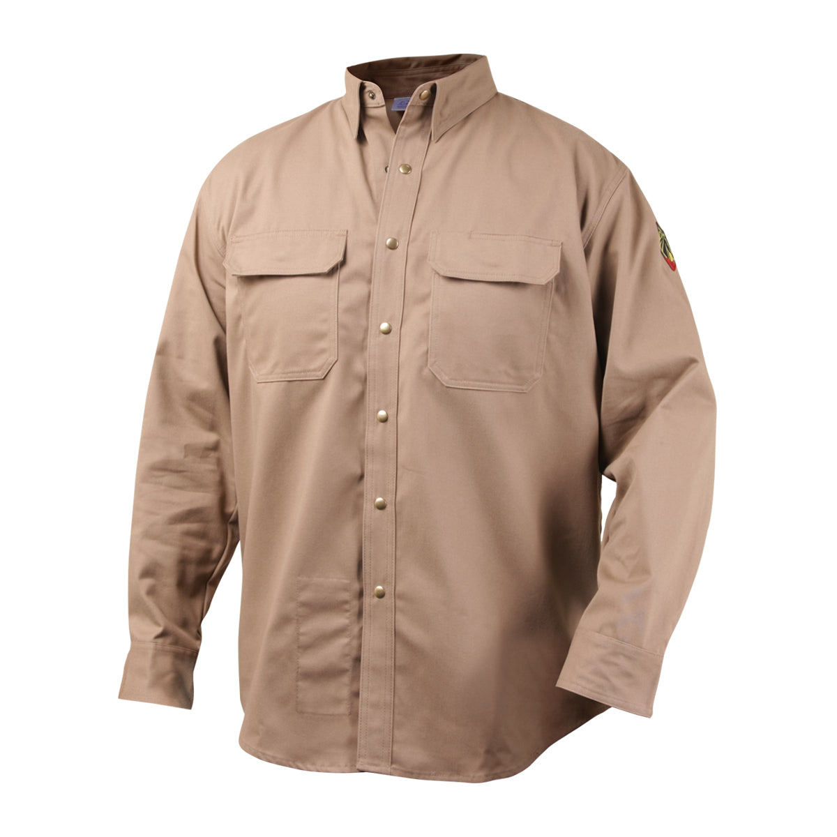 Button up Black Stallion Khaki color flame resistant work shirt. 