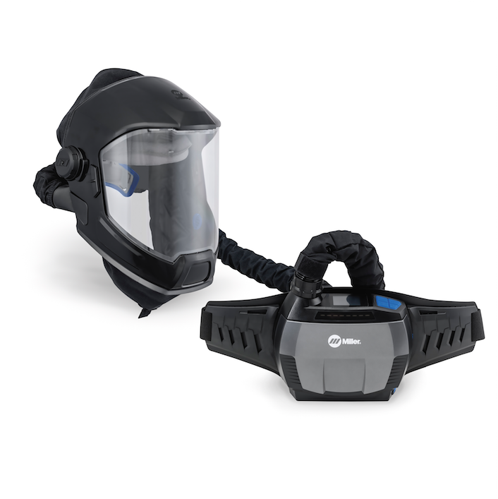 Miller Face Shield PAPR helmet and blower view