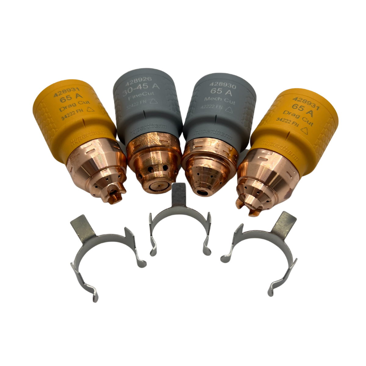 Set of copper and colored nozzle consumables with clips for Hypertherm Hand/Mechanized Cutting SYNC Consumable Kit