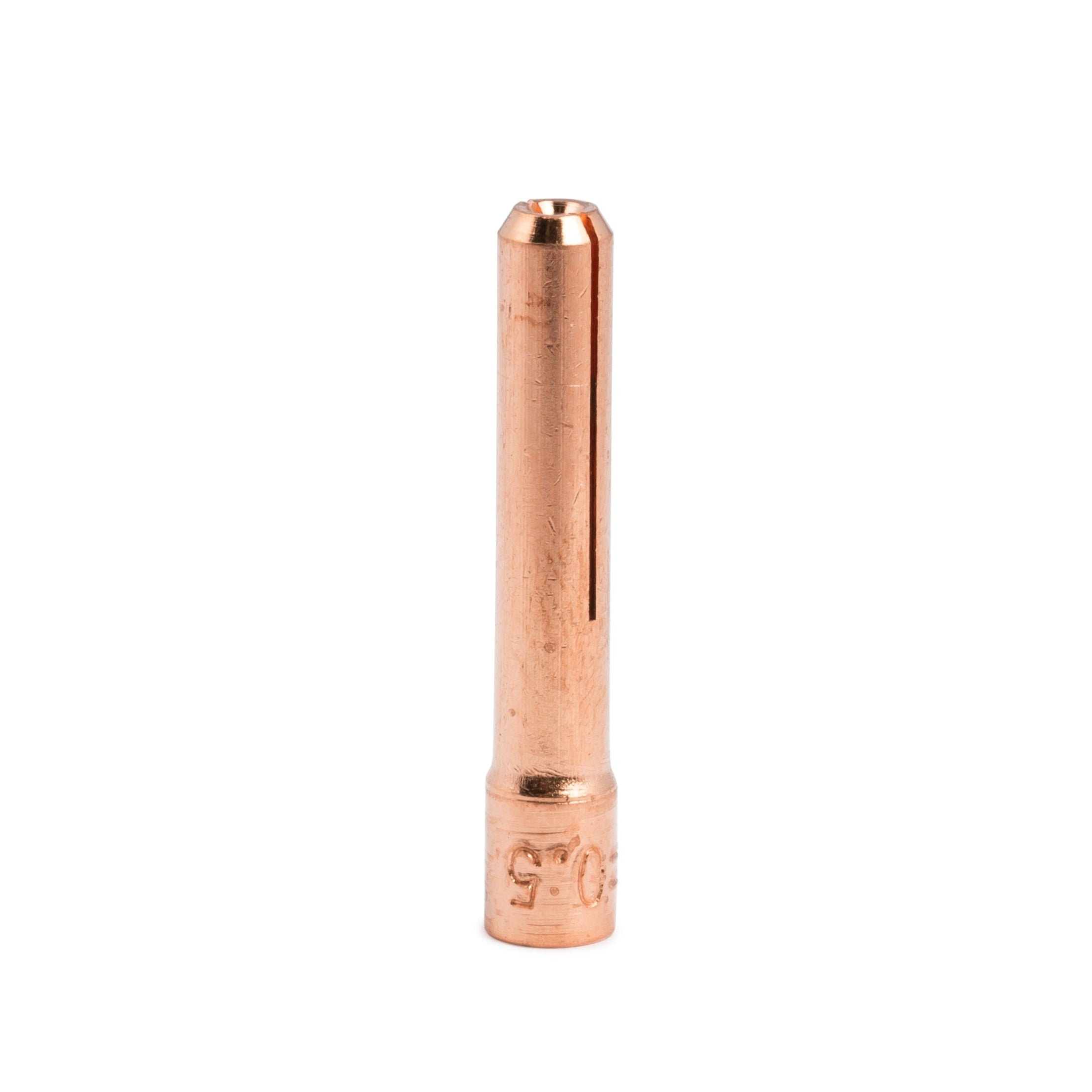 Baker's Gas Slotted copper TIG torch collet standing straight up. Part number KP4749-020