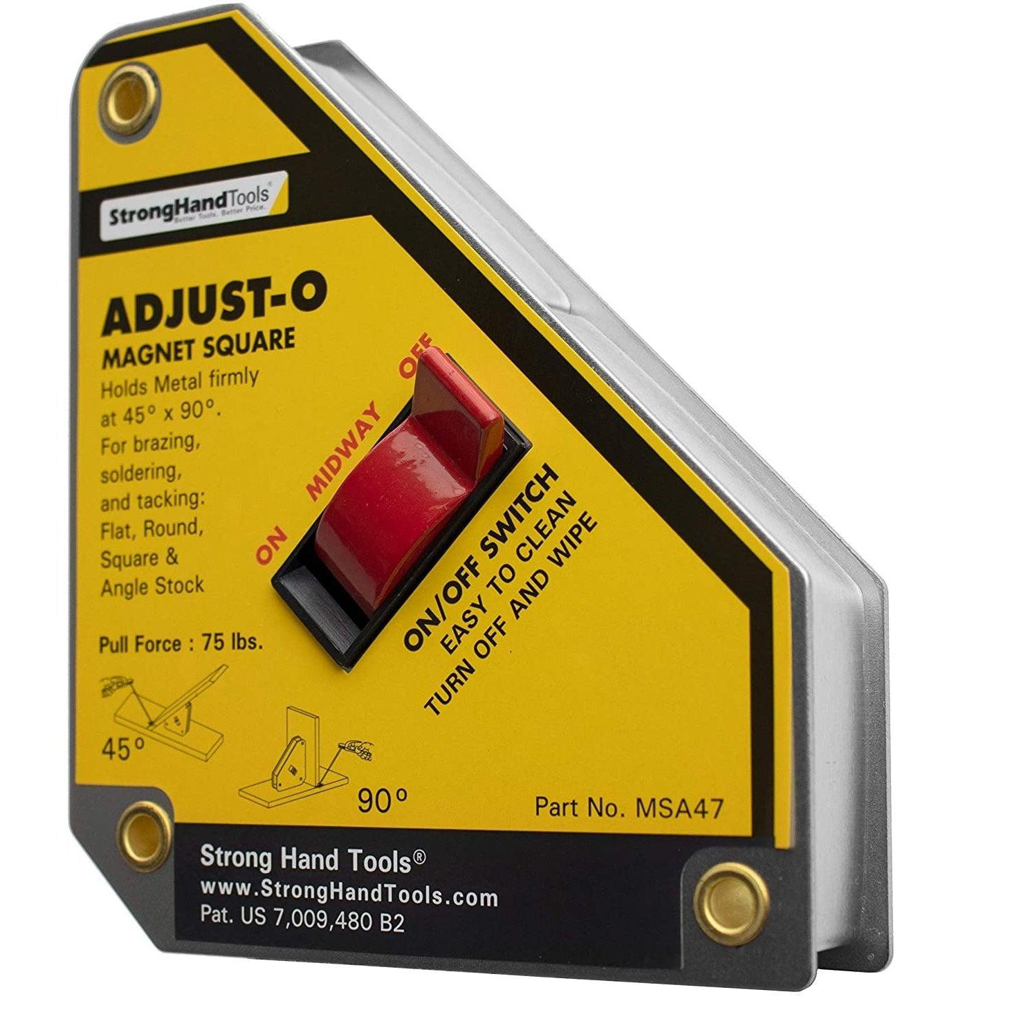 Strong Hand Large Adjust-O Magnet Square - MSA47 with yellow and black body and red on/off switch for holding metal at angles.