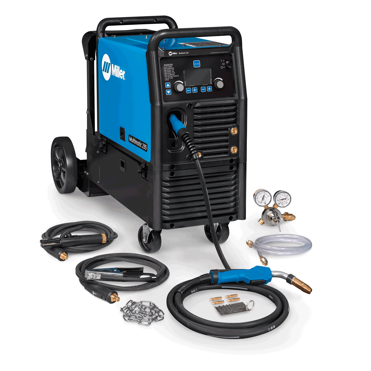 Miller Multimatic 235 951846 with EZ-Latch cart includes everything you need to MIG and stick weld. Remove machine from cart with no tools.