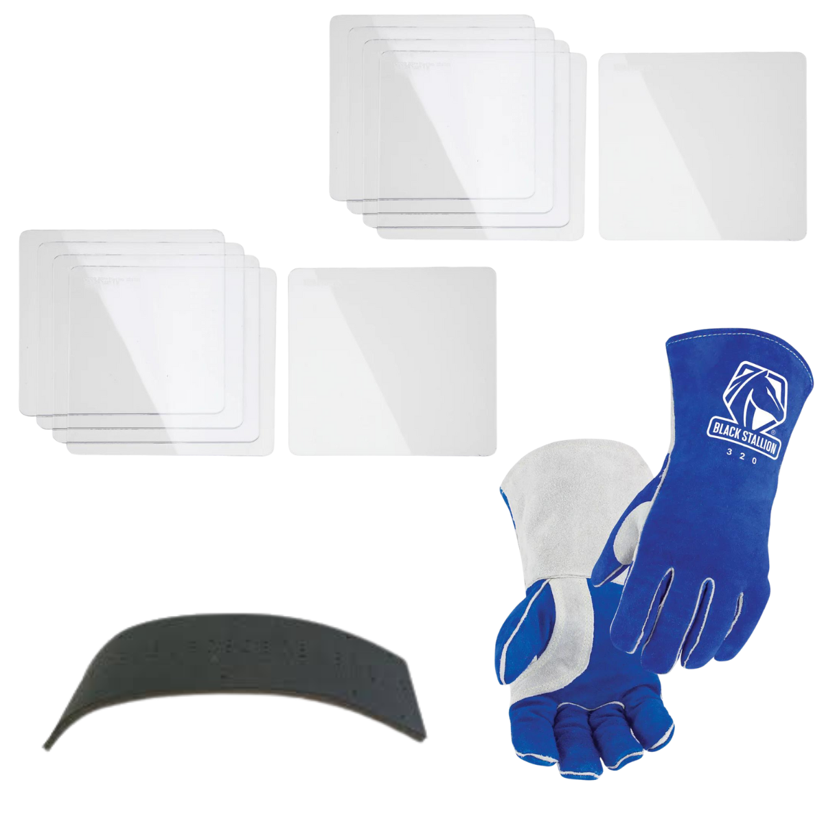 Baker's Essentials Bundle for the Miller Digital Performance Helmet showing clear shields, blue gloves, and a black curved accessory piece.