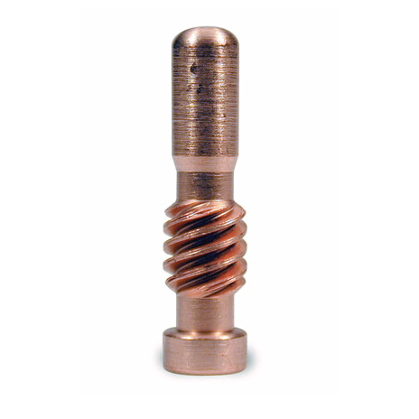 Close-up of a single copper Lincoln PCT-20/80 Electrode 30/pack - KP2063-1B1 with spiral grooves and smooth finish