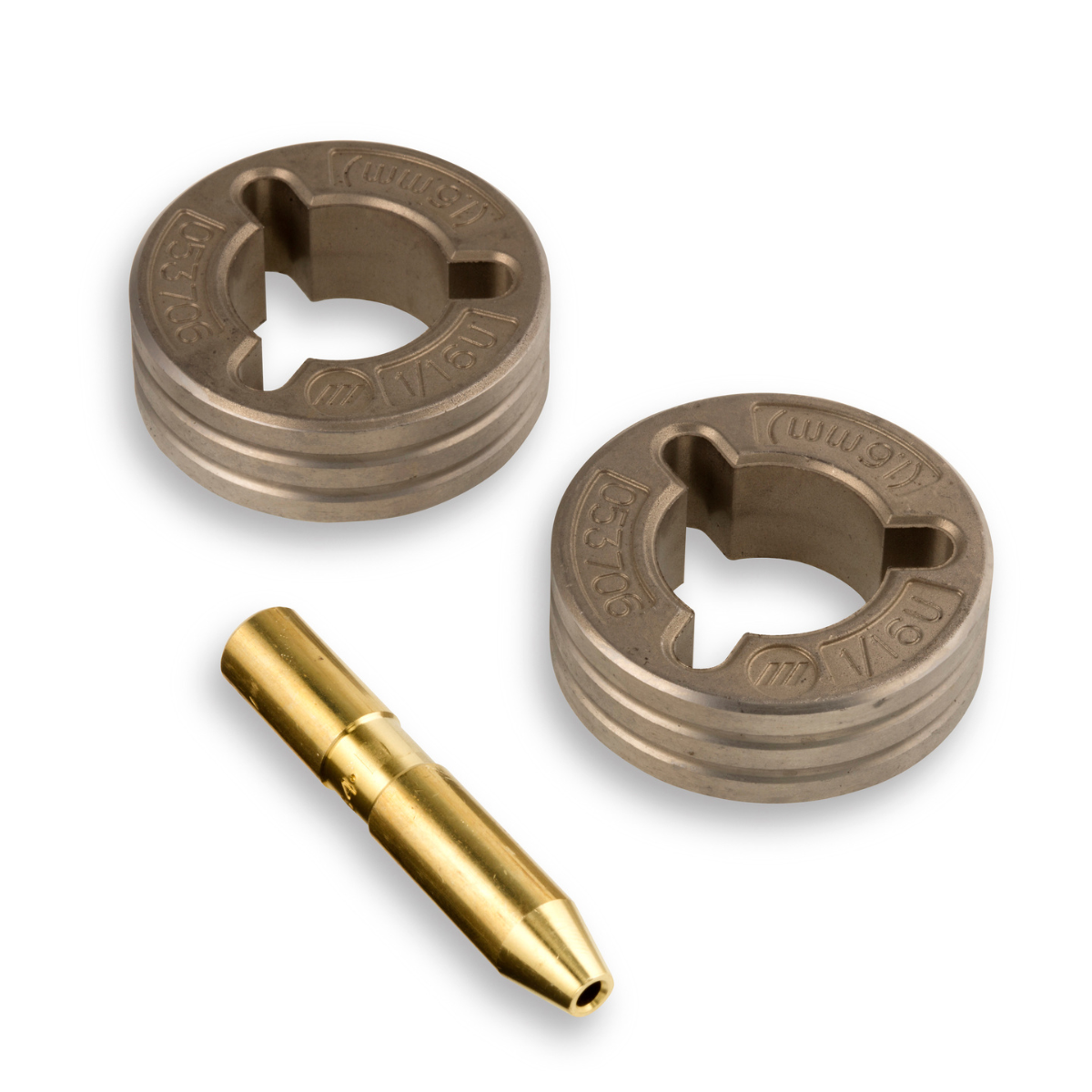 Miller Drive Roll Kit 1/16 VK Groove 2 Roll - 079609 showing two metal rolls and a brass drive pin against white background