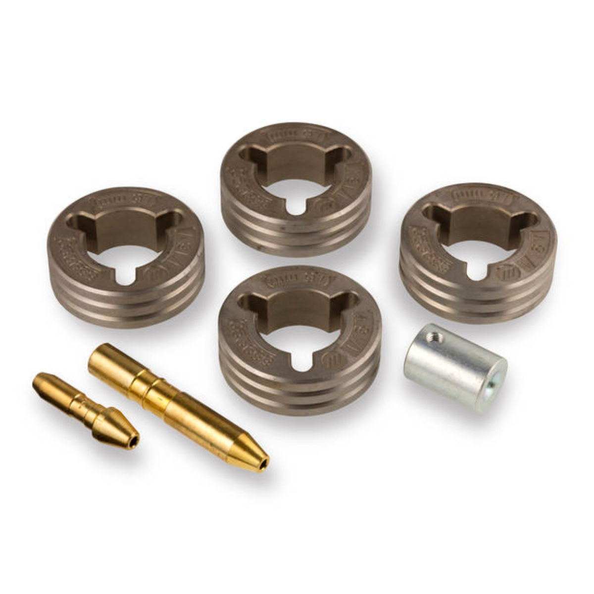 Miller Drive Roll Kit .052 V Groove 4 Roll - 151028 with four metal rolls and three brass and steel components on white background