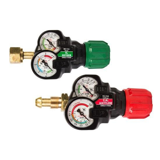 Victor EDGE 2.0 ESS32-60-540 S/S Oxygen & Acetylene Regulator Bundle with dual pressure gauges and colored adjustment knobs