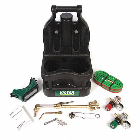 Victor G150-100-CP Tote Outfit w/o Tanks - 0384-0943 with torch handle, hoses, gauges, and accessories in black carry tote.
