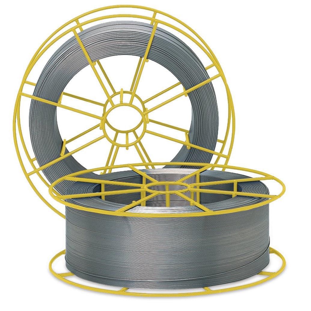 Two large spools of gray ESAB OK Autorod 308LSi Stainless Steel MIG Wire with yellow metal frames.