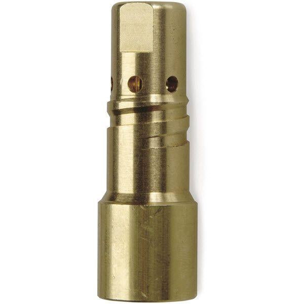 Close-up of a brass welding nozzle component for Miller Aluma Pro FasTip Diffuser - 229670 with ventilation holes.
